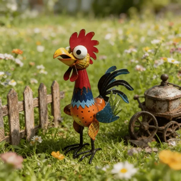 Colorful Hand Painted Metal Rooster Garden Statue, Farmhouse Rustic Iron Chicken Yard Art Decor for Outdoor Lawn Patio Backyard