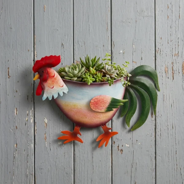 Colorful Hand Painted Rooster Shaped Metal Wall Planter, Farmhouse Fence Hanging Chicken Flower Pot for Outdoor Garden Yard Decor