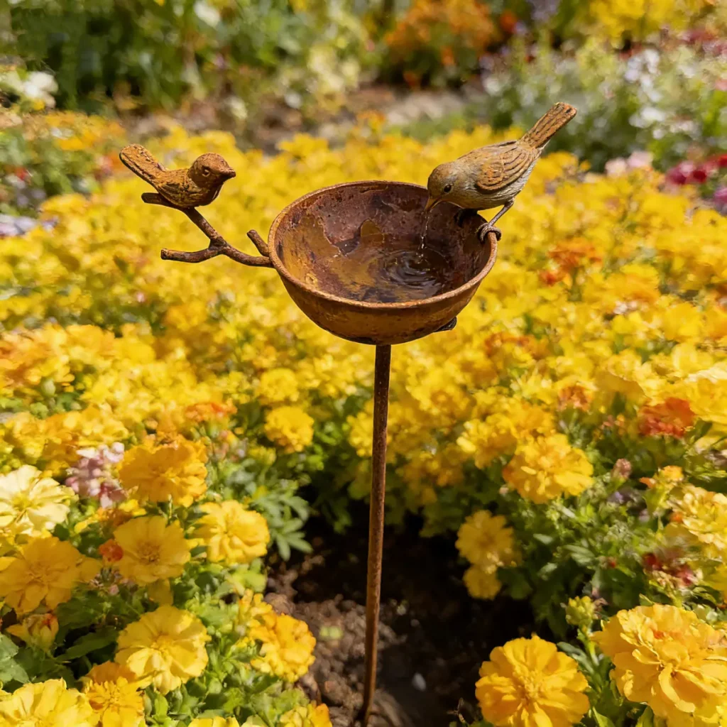Rust Bird Water Bowl Stake