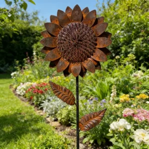 Rustic Metal Sunflower Garden Stake, Vintage Distressed Rust Flower Yard Art Ornament for Outdoor Lawn Flower Bed Patio Decor