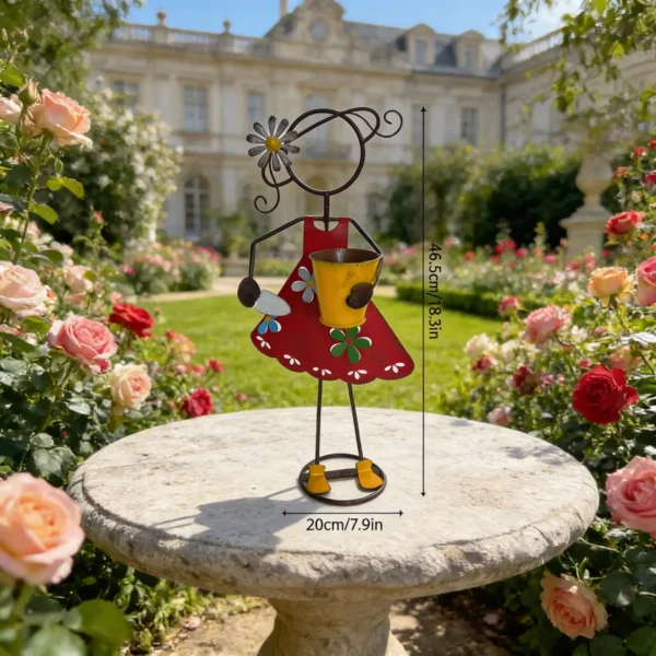 Outdoor Standing Metal Girl Gardening Statue Planter, Hand Painted Iron Flower Pot Holder for Farmhouse Lawn Patio Yard Decoration