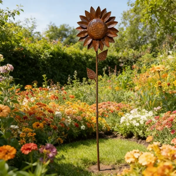 [2.5D] Distressed Iron Sunflower Flower Stake, Courtyard Lawn Decorative Ornament, Outdoor Garden Decor Ground Insert