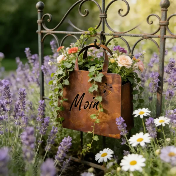Outdoor Rust Finish Metal Handbag Flower Planter, Decorative Tote Planter Pot for Backyard Patio Farmhouse Garden Home Decor