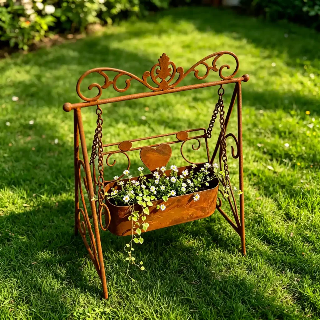 Distressed Rust Swing Frame Plant Holder, Decorative Heart Ornament Metal Planter for Outdoor Lawn Farmhouse Yard Art Decoration