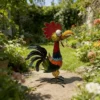 Colorful Hand Painted Metal Rooster Garden Statue, Farmhouse Rustic Iron Chicken Yard Art Decor for Outdoor Lawn Patio Backyard