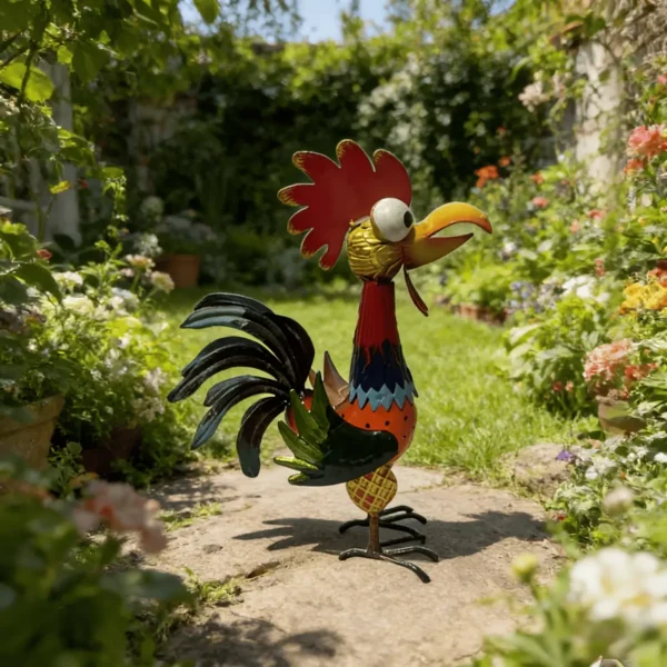 Colorful Hand Painted Metal Rooster Garden Statue, Farmhouse Rustic Iron Chicken Yard Art Decor for Outdoor Lawn Patio Backyard