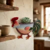 Colorful Hand Painted Rooster Shaped Metal Wall Planter, Farmhouse Fence Hanging Chicken Flower Pot for Outdoor Garden Yard Decor