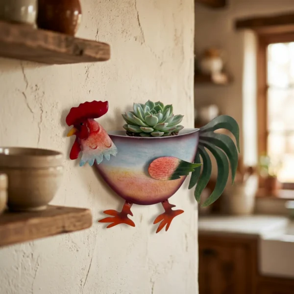 Colorful Hand Painted Rooster Shaped Metal Wall Planter, Farmhouse Fence Hanging Chicken Flower Pot for Outdoor Garden Yard Decor