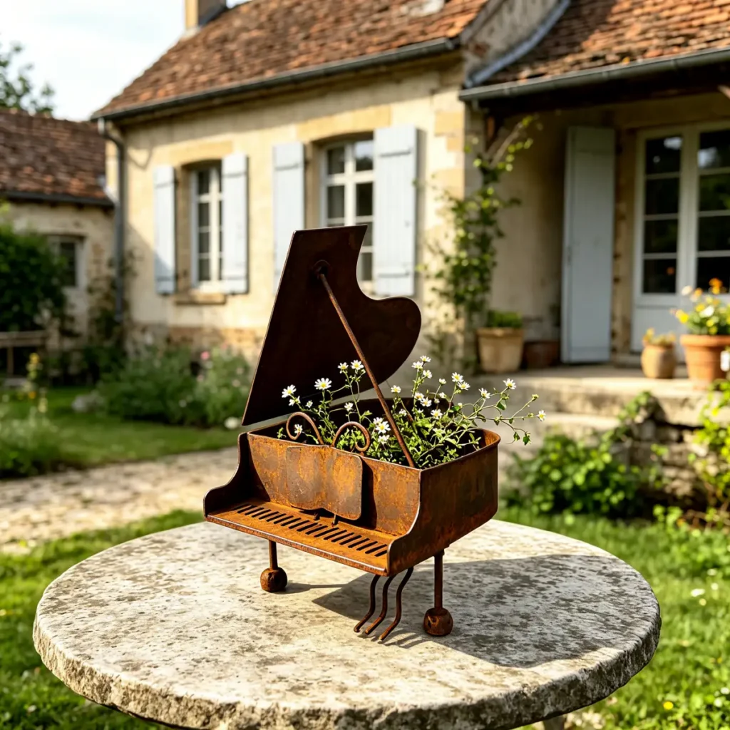 Creative Piano Shaped Distressed Metal Planter Box, Rustic Musical Themed Flower Pot for Garden Patio Balcony Home Decor Gift
