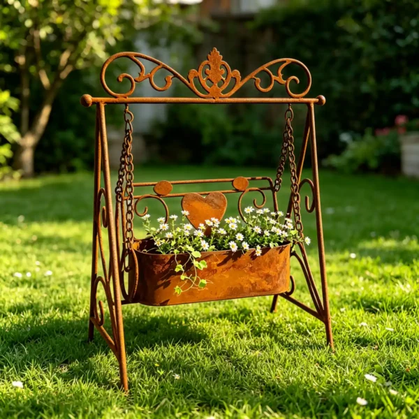 Distressed Rust Swing Frame Plant Holder, Decorative Heart Ornament Metal Planter for Outdoor Lawn Farmhouse Yard Art Decoration