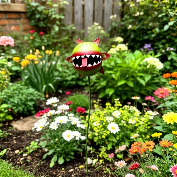 a9 Hand Painted Metal Man-Eating Flower Garden Stake, Funny Carnivorous Plant Yard Art Ornament for Outdoor Lawn Halloween Garden Decor