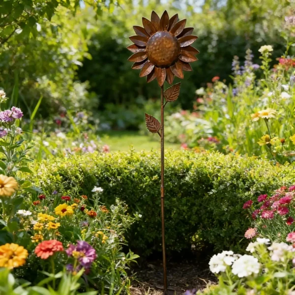 [2.5D] Distressed Iron Sunflower Flower Stake, Courtyard Lawn Decorative Ornament, Outdoor Garden Decor Ground Insert