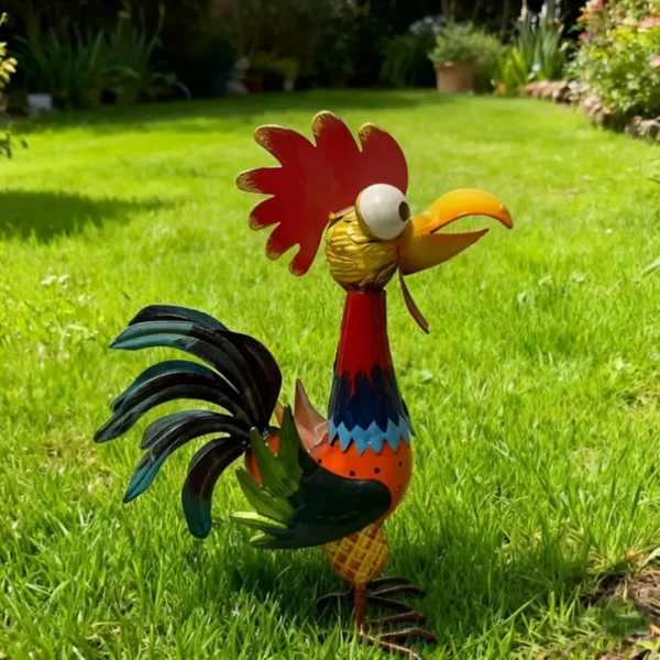 Colorful Hand Painted Metal Rooster Garden Statue, Farmhouse Rustic Iron Chicken Yard Art Decor for Outdoor Lawn Patio Backyard