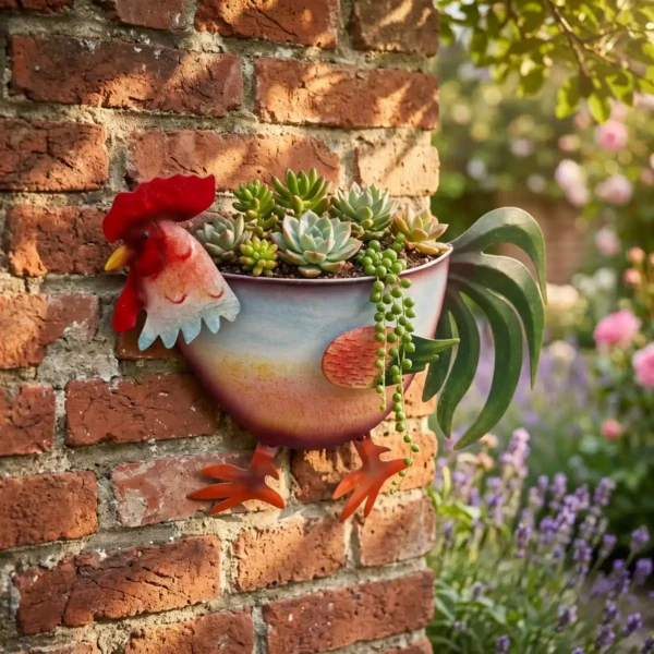 Colorful Hand Painted Rooster Shaped Metal Wall Planter, Farmhouse Fence Hanging Chicken Flower Pot for Outdoor Garden Yard Decor