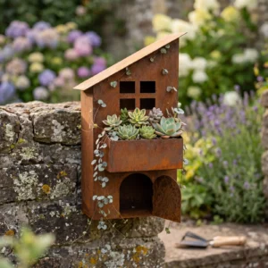 Rustic sloped roof house wall planter filled with succulents in a garden
