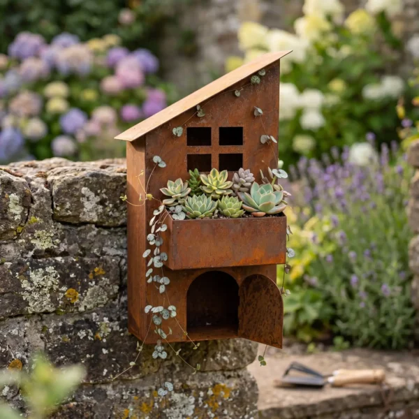 Rustic sloped roof house wall planter filled with succulents in a garden