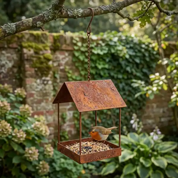 Rustic hanging bird feeder with a garden bird eating seed