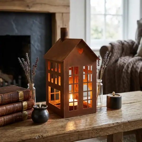 Candles_with_rusty_iron_texture_202607262355 (1) Rustic House Candle Holder Lantern for Tabletop Decor