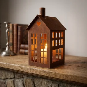 Rustic house candle holder lantern glowing on a tabletop