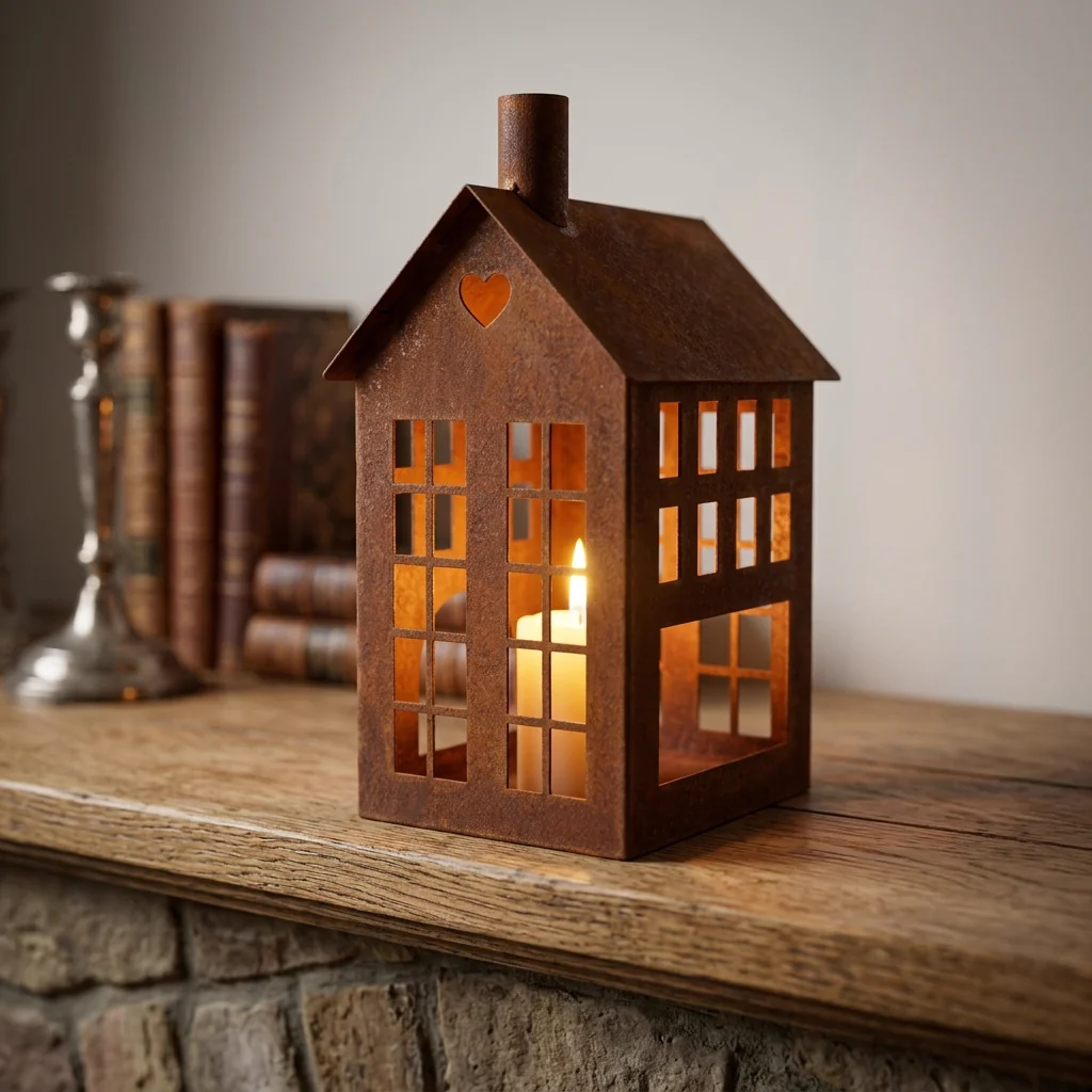 Rustic house candle holder lantern glowing on a tabletop