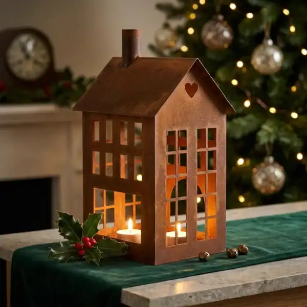 Christmas_scenes_for_e-commerce_202607270023 Rustic House Candle Holder Lantern for Tabletop Decor