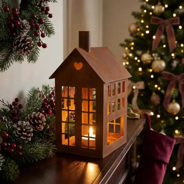 Christmas_scenes_for_e-commerce_202607270029 (1) Rustic House Candle Holder Lantern for Tabletop Decor