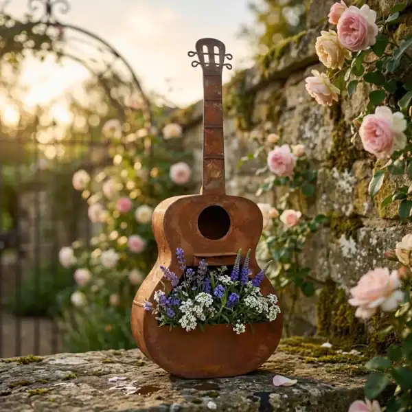 Guitar-Shaped Birdhouse Planter for Outdoor Gardens