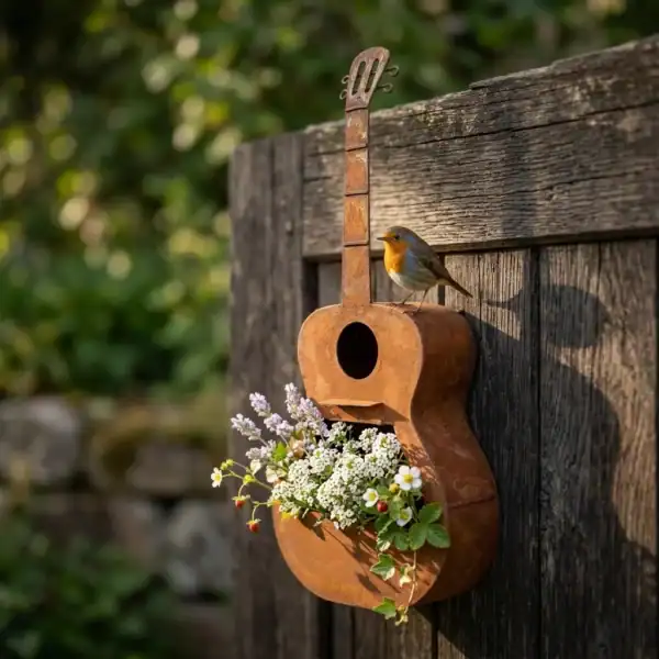 Guitar-Shaped Birdhouse Planter for Outdoor Gardens