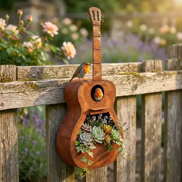 Guitar-Shaped Birdhouse Planter for Outdoor Gardens