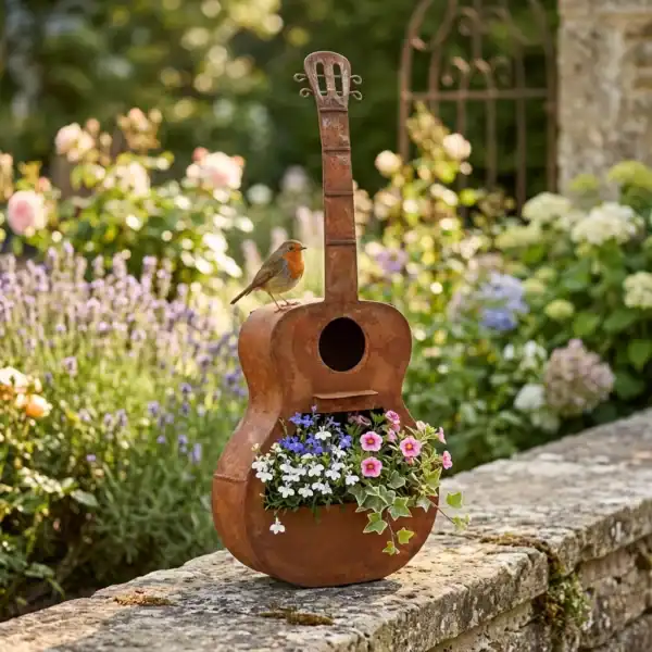 Guitar-shaped birdhouse planter with flowers and a bird for outdoor garden decor