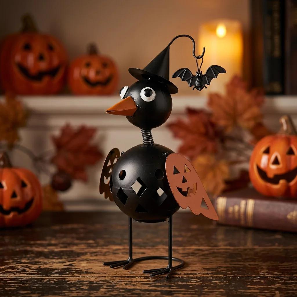 Witchy Crow Halloween Tabletop Decor with Pumpkin - Image 3