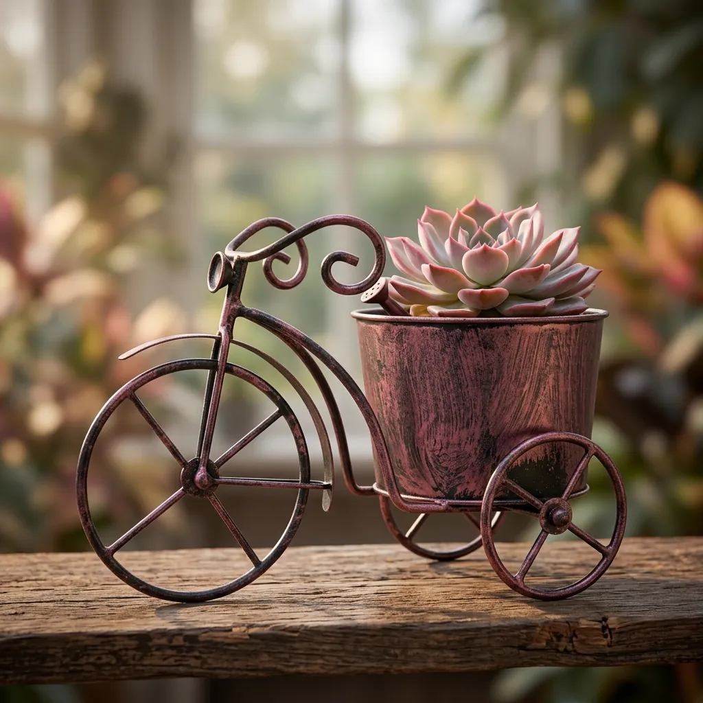 Bronze bicycle planter with succulents for a vintage garden display