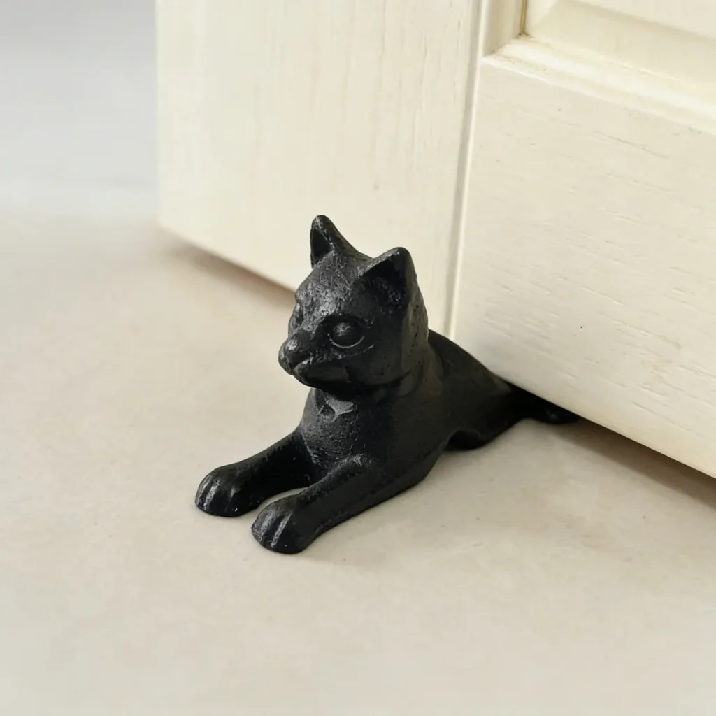 Cast iron cat door stop holding an interior door open