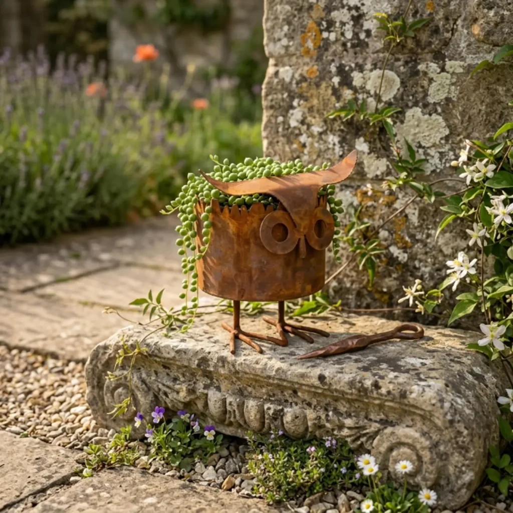 Distressed owl planter with trailing greenery in a garden setting