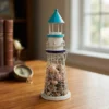 Painted lighthouse tabletop organizer for coastal shelf decor