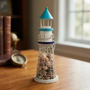Painted lighthouse tabletop organizer for coastal shelf decor