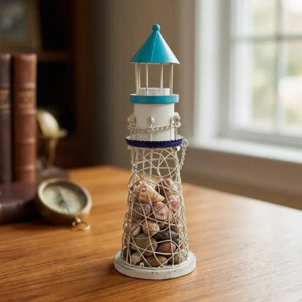 Painted lighthouse tabletop organizer for coastal shelf decor