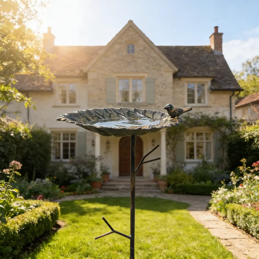 Lotus leaf bird bath stake with sculpted bird detail in a garden