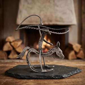 Western cowboy riding horse tabletop decor with wide-brimmed hat