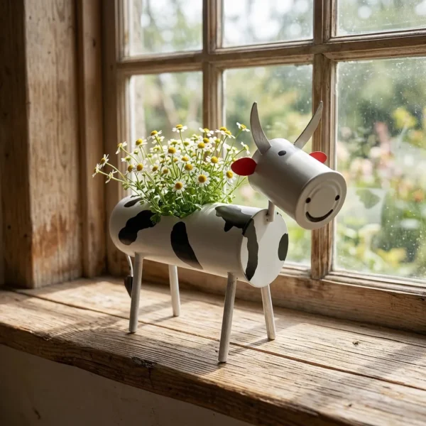 Painted cow planter with flowers for a cheerful windowsill display