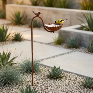 Rustic bird bath stake with perched bird detail in a garden
