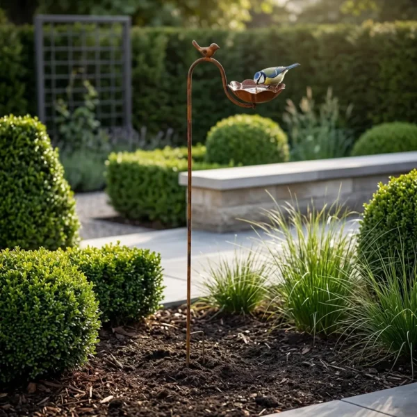 rustic-bird-bath-stake-06 Rustic Bird Bath Stake with Perched Bird