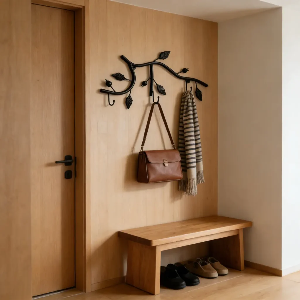 Rustic branch wall hook rack holding a bag and scarf in an entryway