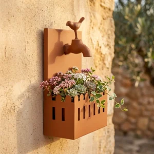 Rustic faucet wall planter with bird detail and succulents on a garden wall
