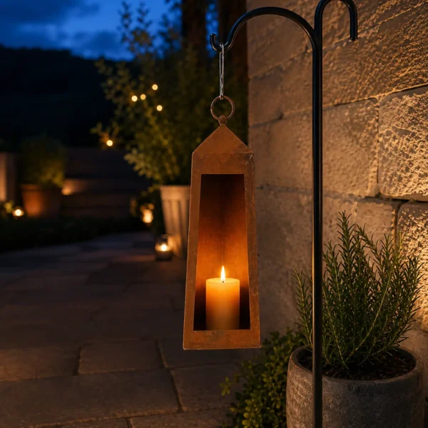 Rustic hanging candle holder lantern with a warm candle glow on a patio
