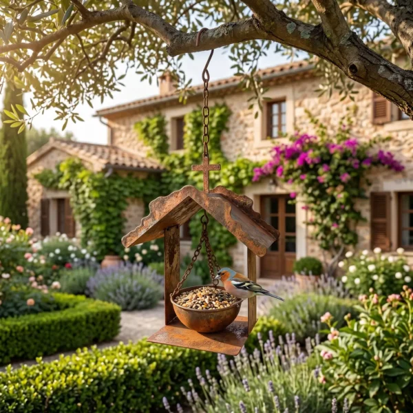 Rustic house hanging bird feeder in a garden Rustic house hanging bird feeder with a cross roof and seed bowl