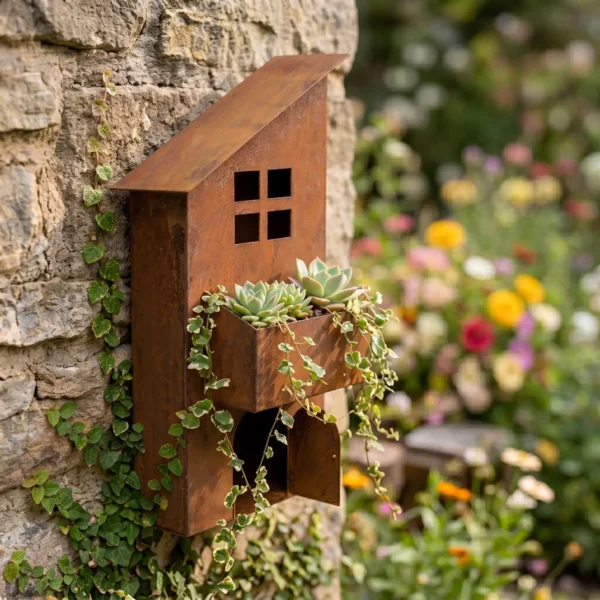 Rustic Sloped Roof House Wall Planter for Garden Decor