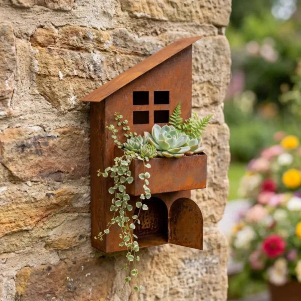 Rustic Sloped Roof House Wall Planter for Garden Decor