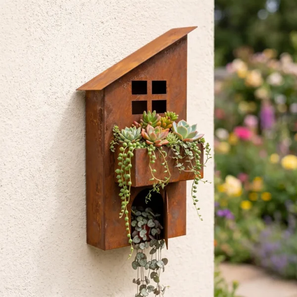 Rustic Sloped Roof House Wall Planter for Garden Decor