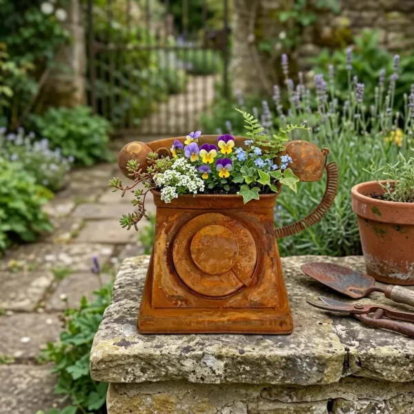 rustic-telephone-planter-01 Rustic vintage telephone planter filled with flowers in a garden